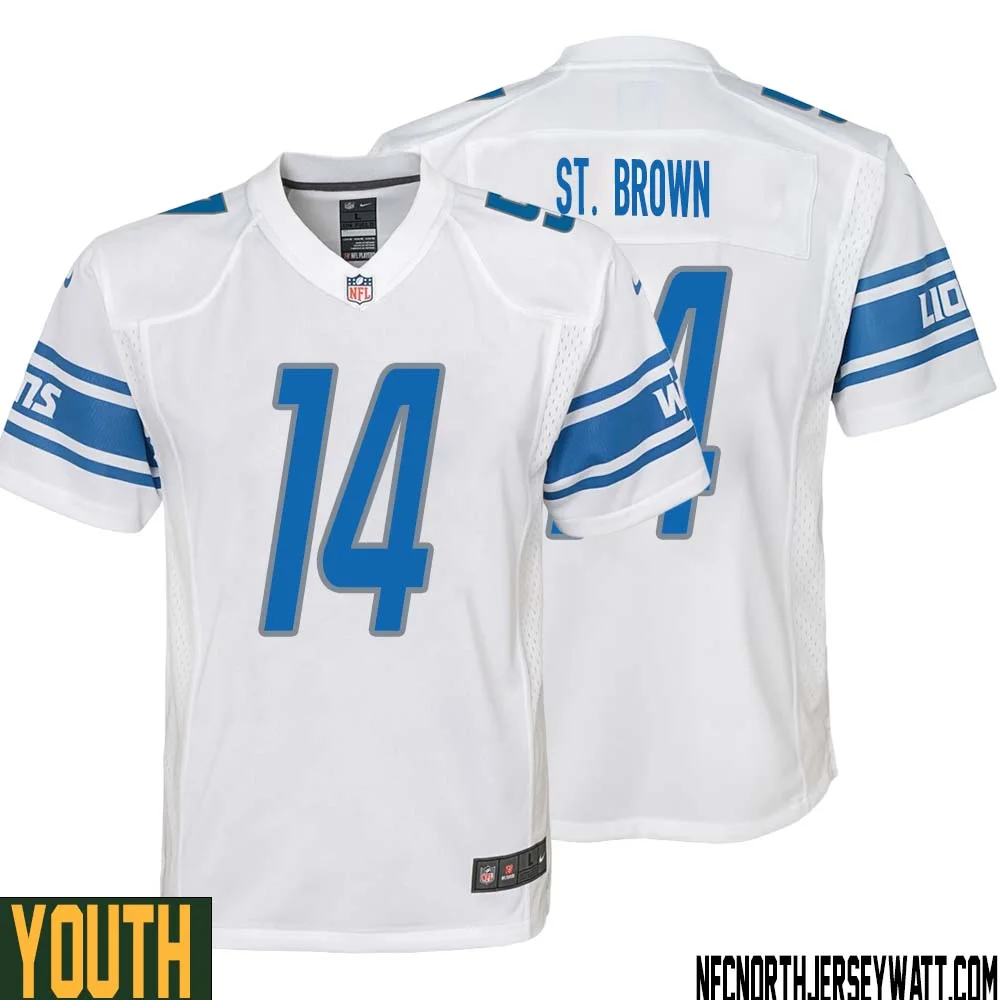 Amon Ra St. Brown No 14 Youth White Detroit Lions Player Away Game Jersey