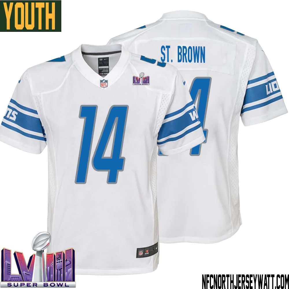 Amon Ra St. Brown No 14 Youth White Detroit Lions Player Super Bowl LVIII Away Game Jersey