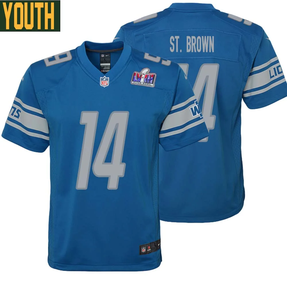 Amon Ra St. Brown No 14 Youths Custom Blue Detroit Lions Super Bowl LVIII Player Home Game Jersey