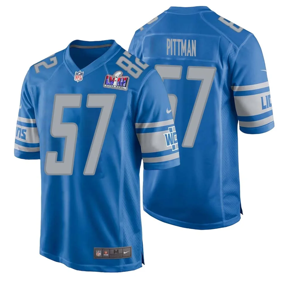 Anthony Pittman No 57 Mens Custom Blue Detroit Lions Super Bowl LVIII Player Home Game Jersey