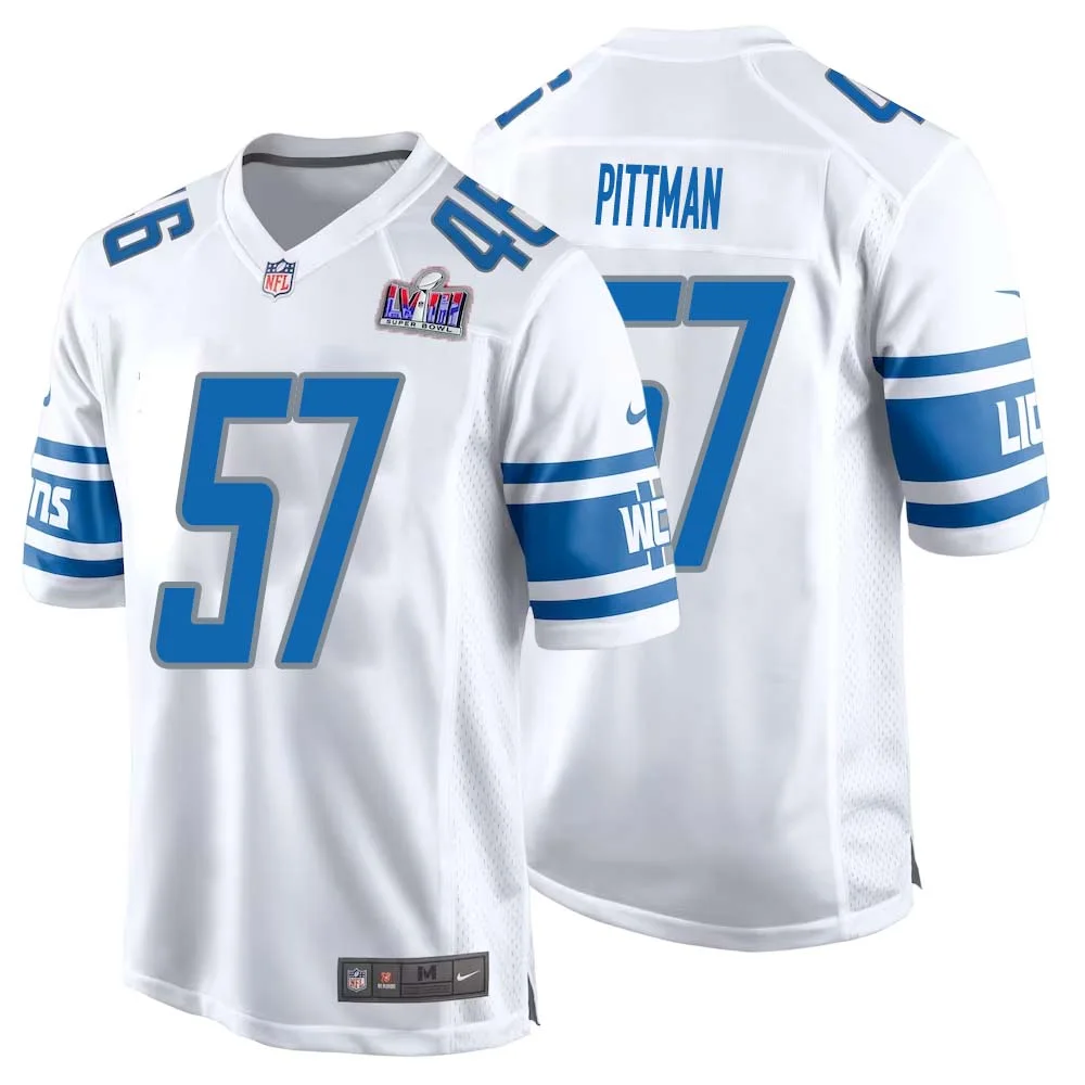 Anthony Pittman No 57 Mens Custom White Detroit Lions Super Bowl LVIII Away Game Jersey