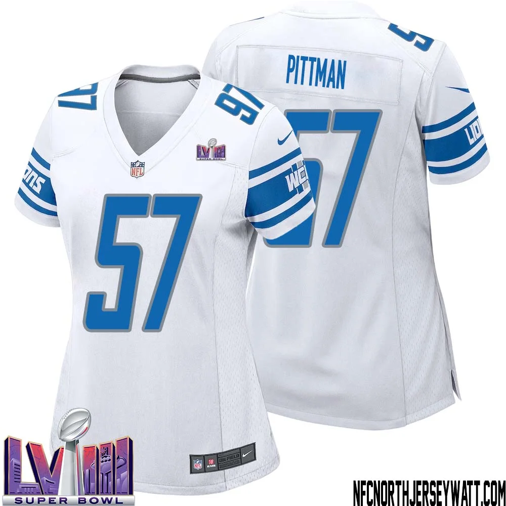 Anthony Pittman No 57 Women White Detroit Lions Player Super Bowl LVIII Away Game Jersey 1