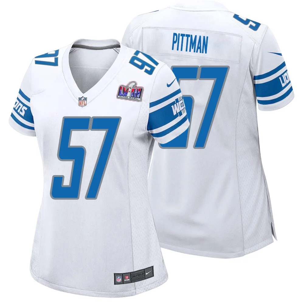 Anthony Pittman No 57 Womens Custom White Detroit Lions Super Bowl LVIII Away Game Jersey