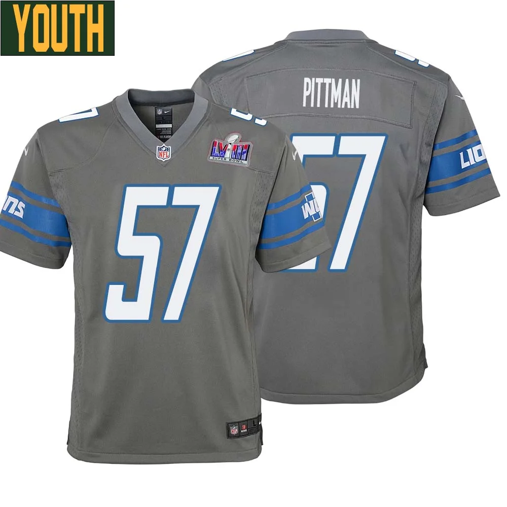 Anthony Pittman No 57 Youths Custom Gray Detroit Lions Alternate Super Bowl LVIII Game Jersey