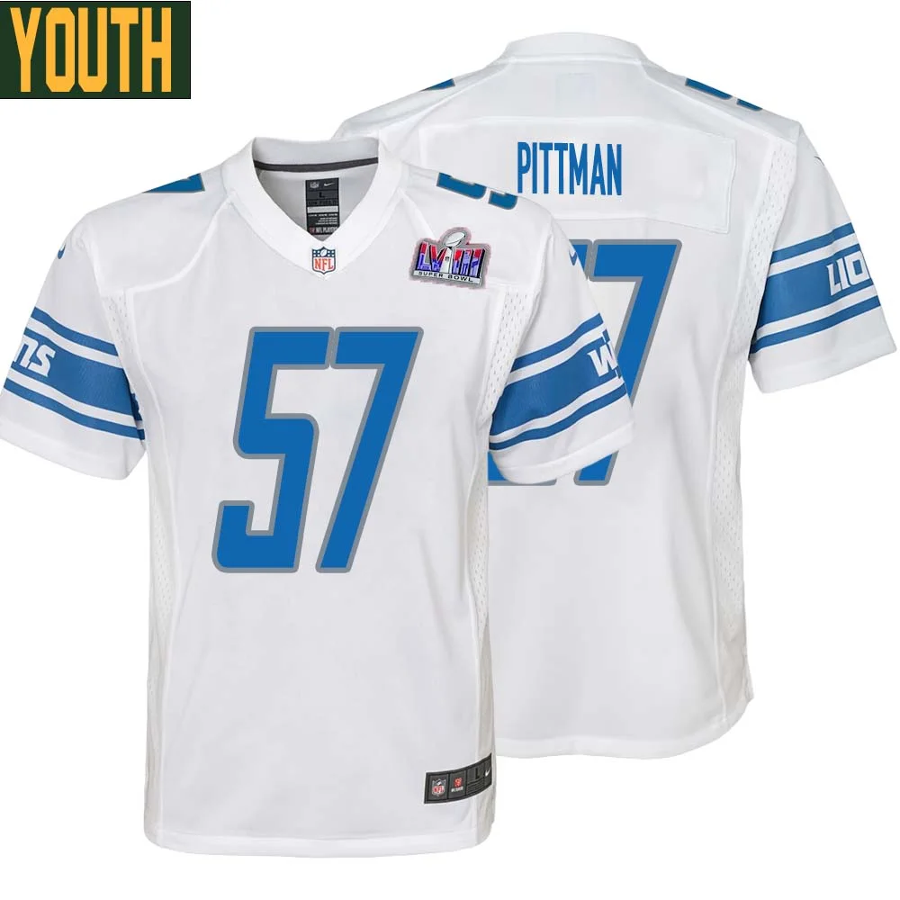 Anthony Pittman No 57 Youths Custom White Detroit Lions Super Bowl LVIII Away Game Jersey