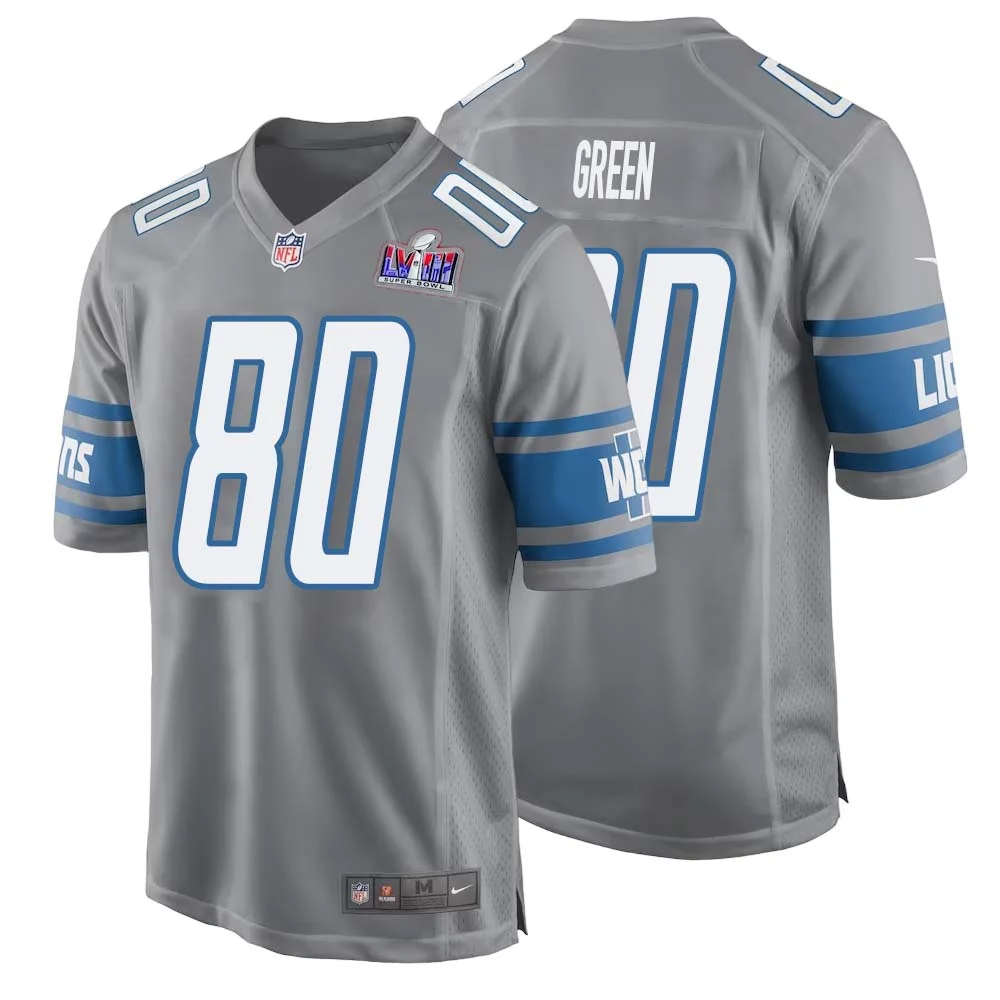Antoine Green No 80 Mens Custom Gray Detroit Lions Alternate Super Bowl LVIII Game Jersey