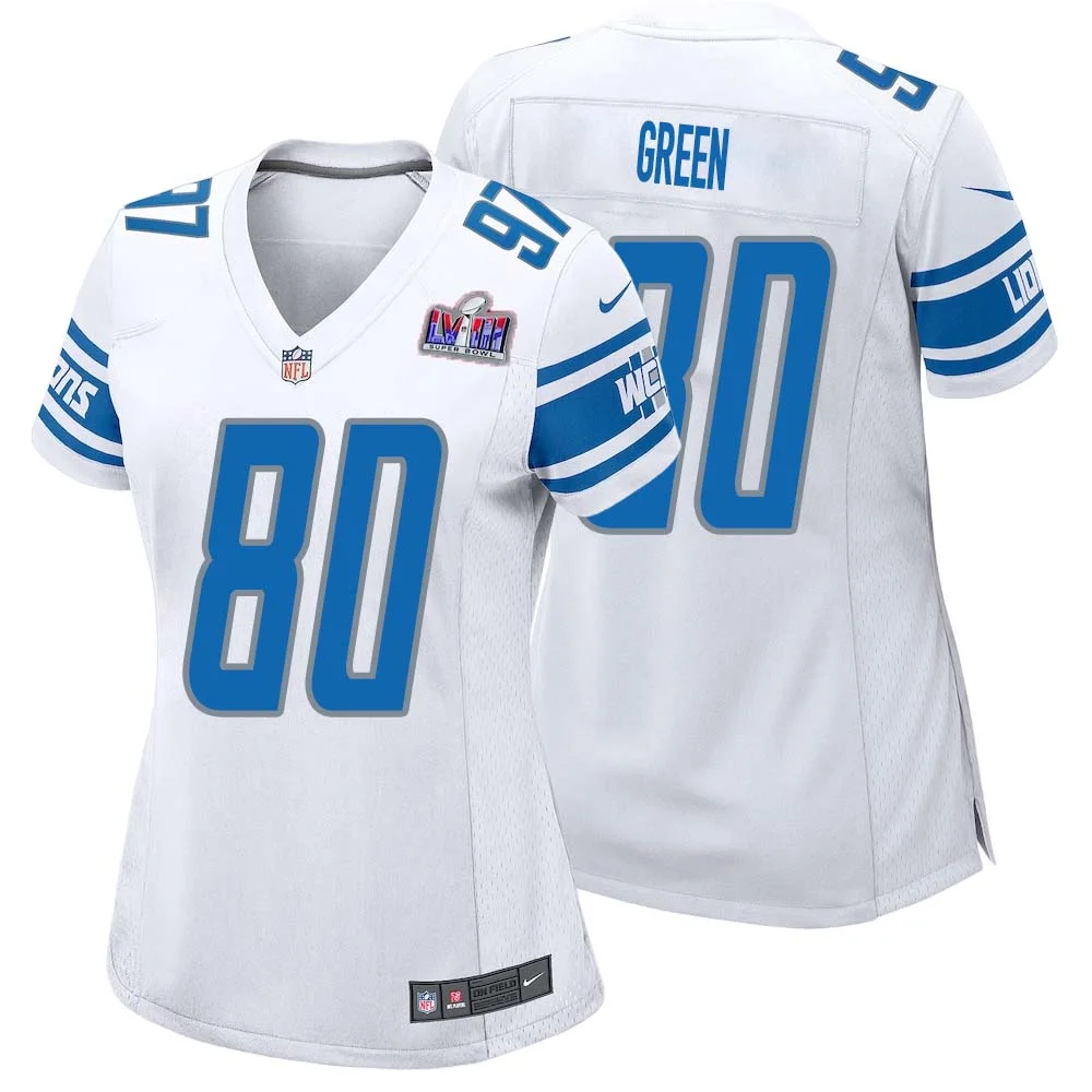 Antoine Green No 80 Womens Custom White Detroit Lions Super Bowl LVIII Away Game Jersey