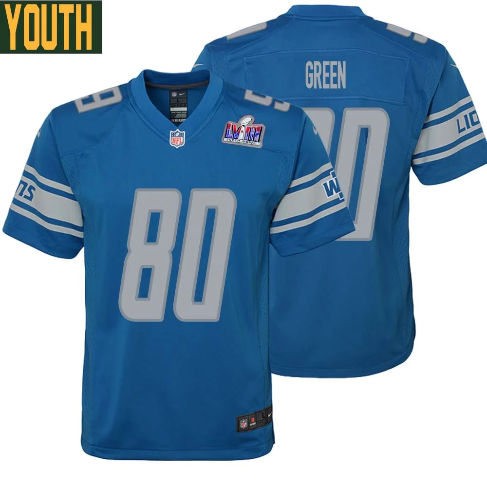 Antoine Green No 80 Youths Custom Blue Detroit Lions Super Bowl LVIII Player Home Game Jersey