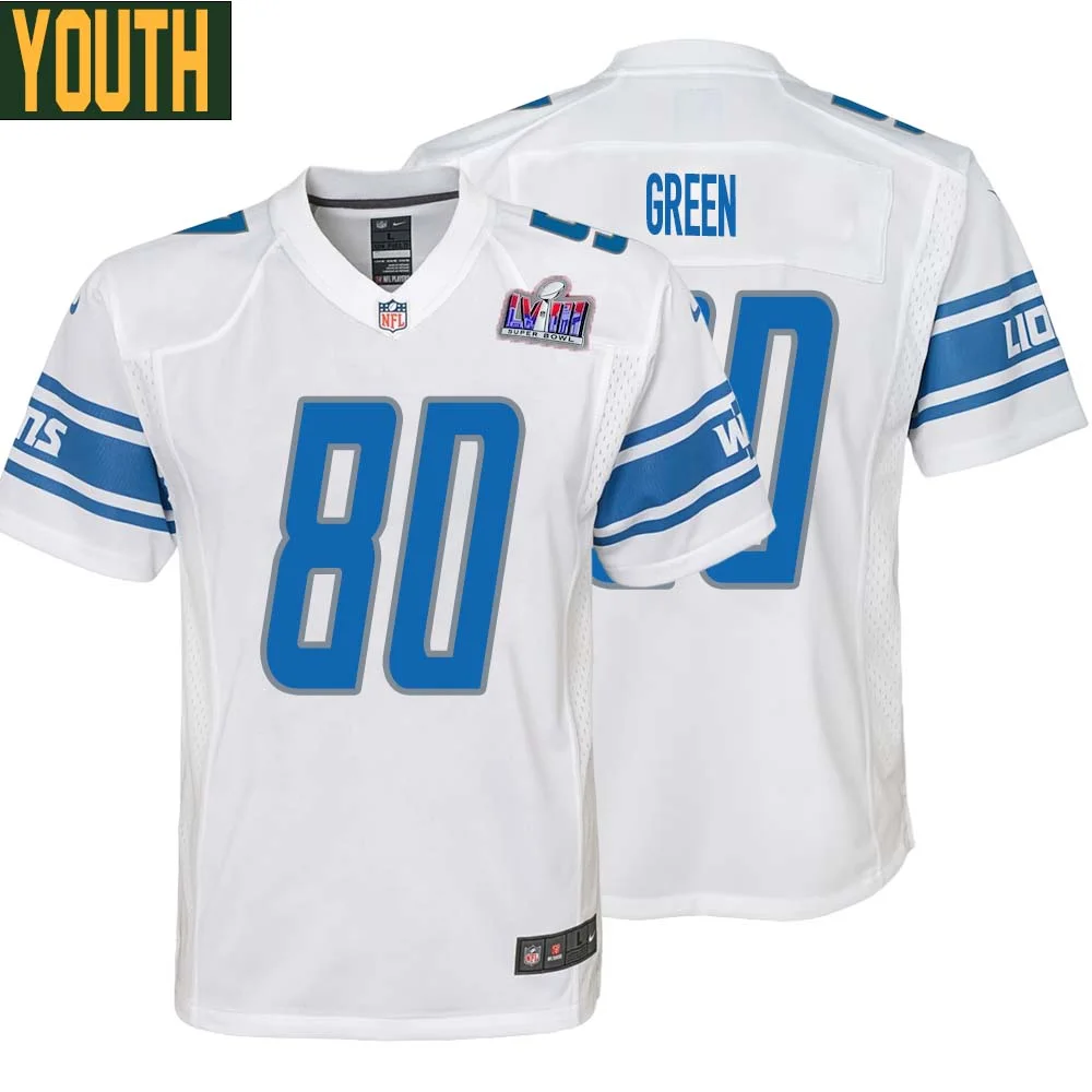 Antoine Green No 80 Youths Custom White Detroit Lions Super Bowl LVIII Away Game Jersey