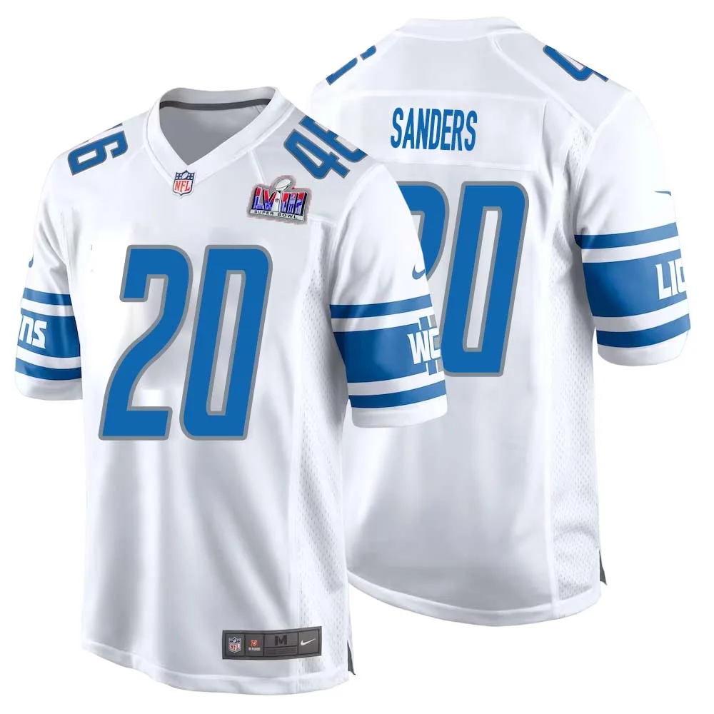 Barry Sanders No 20 Mens Custom White Detroit Lions Super Bowl LVIII Away Game Jersey