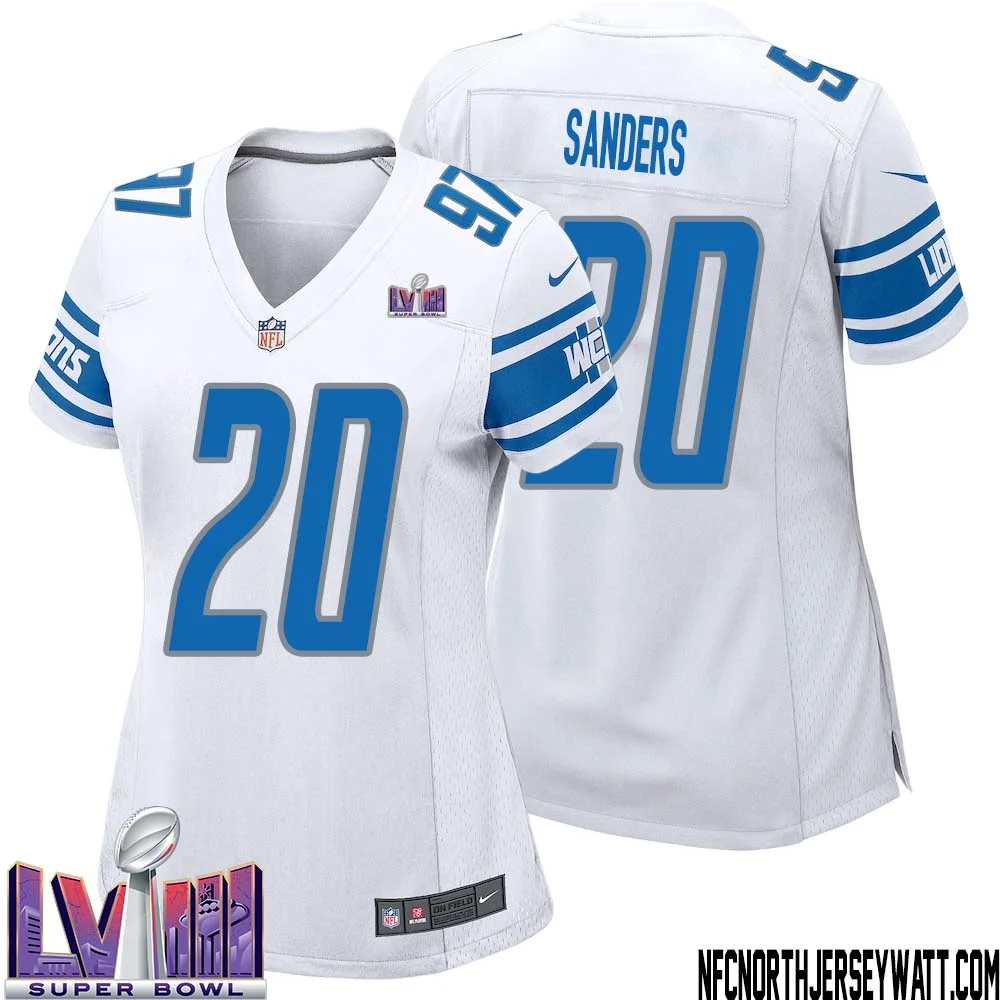 Barry Sanders No 20 Women White Detroit Lions Player Super Bowl LVIII Away Game Jersey