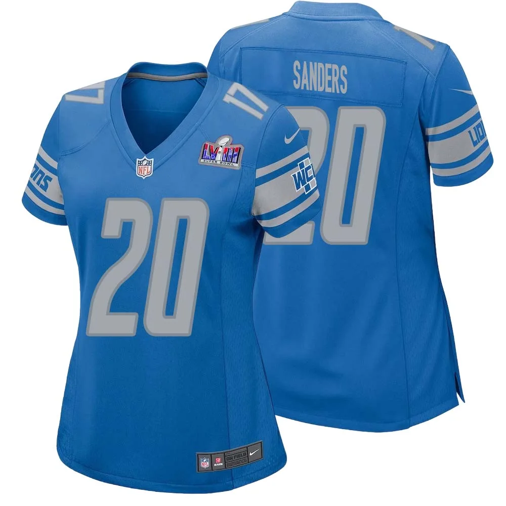 Barry Sanders No 20 Womens Custom Blue Detroit Lions Super Bowl LVIII Player Home Game Jersey