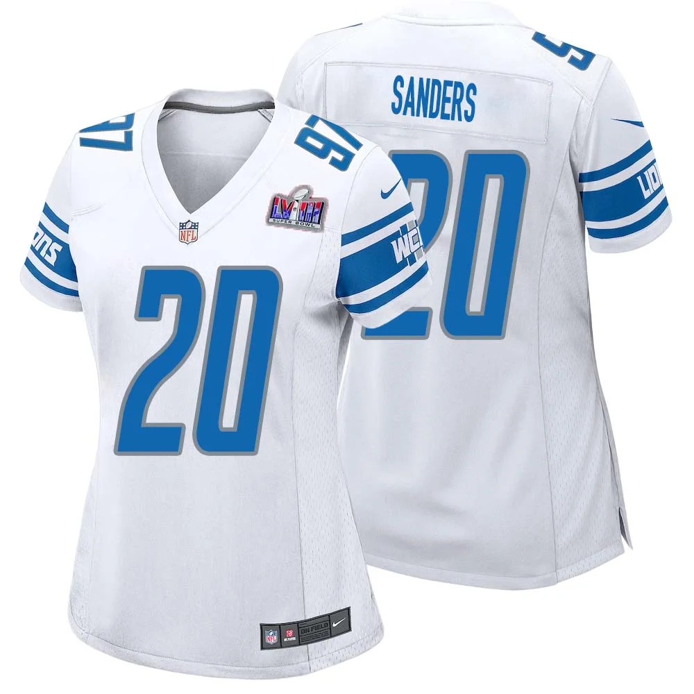 Barry Sanders No 20 Womens Custom White Detroit Lions Super Bowl LVIII Away Game Jersey
