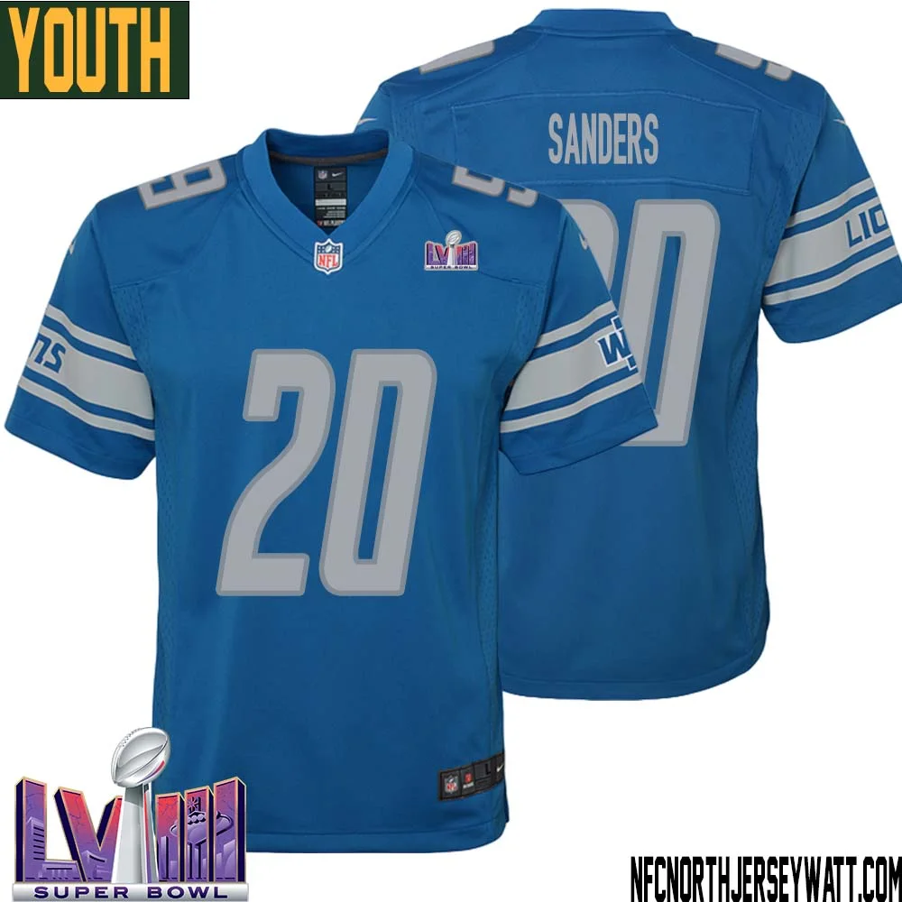 Barry Sanders No 20 Youth Blue Detroit Lions Player Super Bowl LVIII Home Game Jersey 1