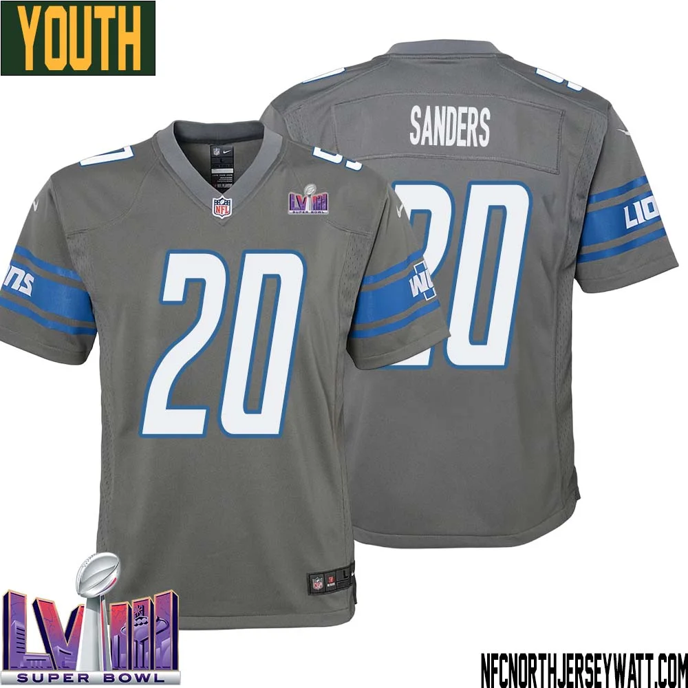Barry Sanders No 20 Youth Grey Detroit Lions Player Super Bowl LVIII Alternate Game Jersey 1