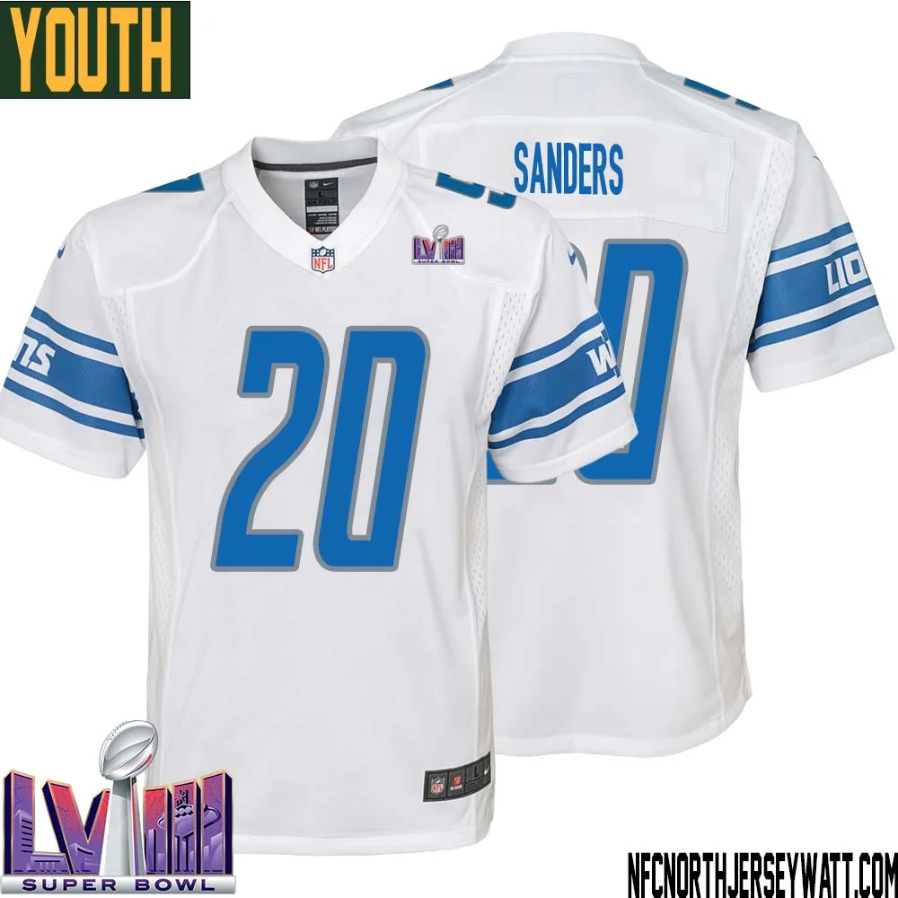 Barry Sanders No 20 Youth White Detroit Lions Player Super Bowl LVIII Away Game Jersey 1