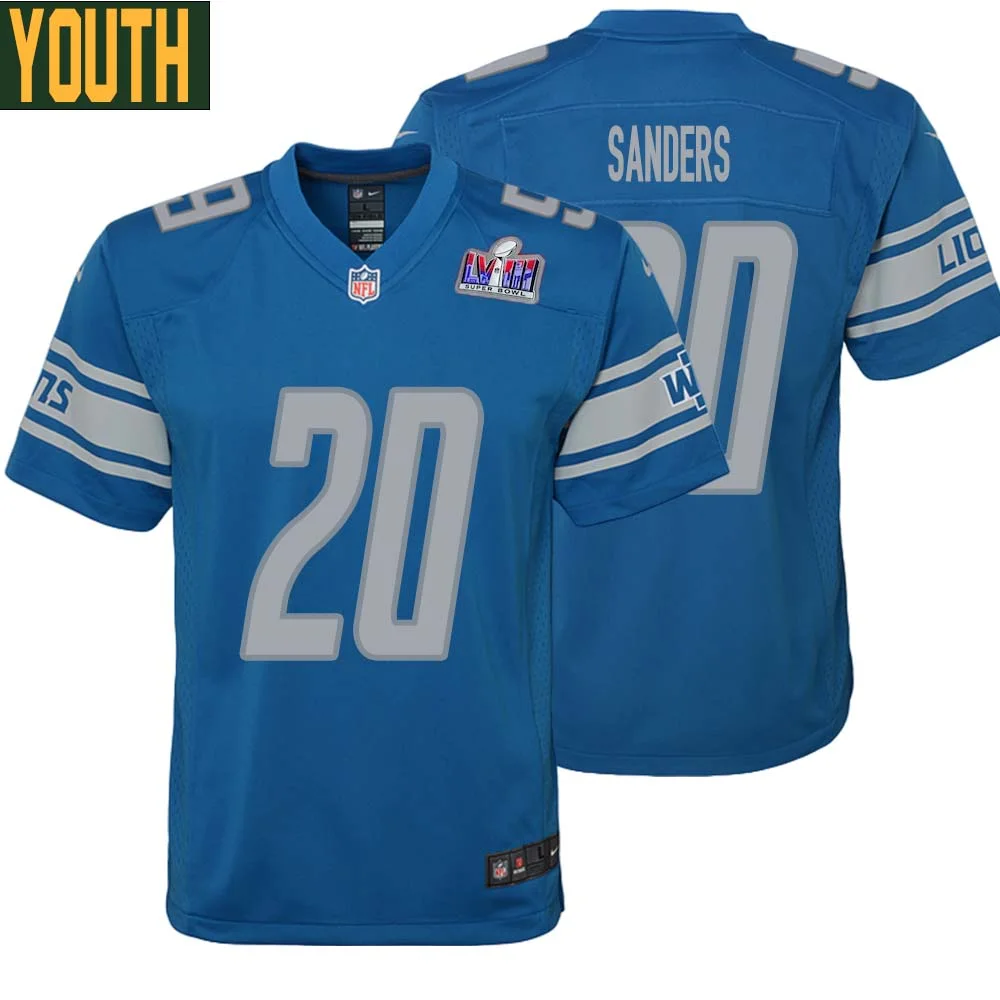 Barry Sanders No 20 Youths Custom Blue Detroit Lions Super Bowl LVIII Player Home Game Jersey