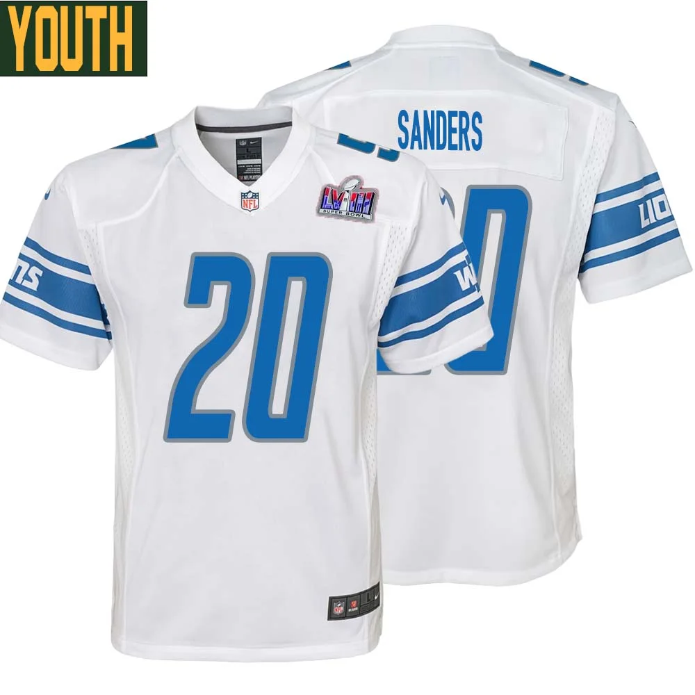 Barry Sanders No 20 Youths Custom White Detroit Lions Super Bowl LVIII Away Game Jersey