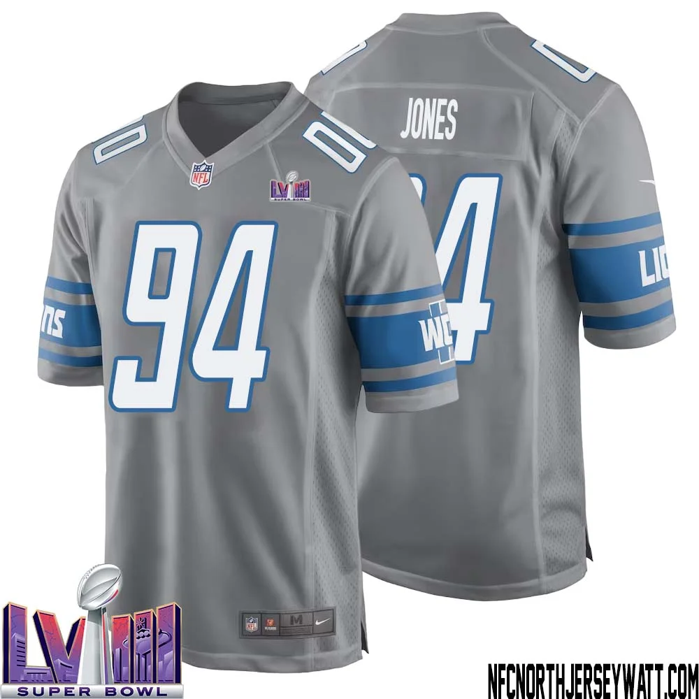 Benito Jones No 94 Men Grey Detroit Lions Player Super Bowl LVIII Alternate Game Jersey 1