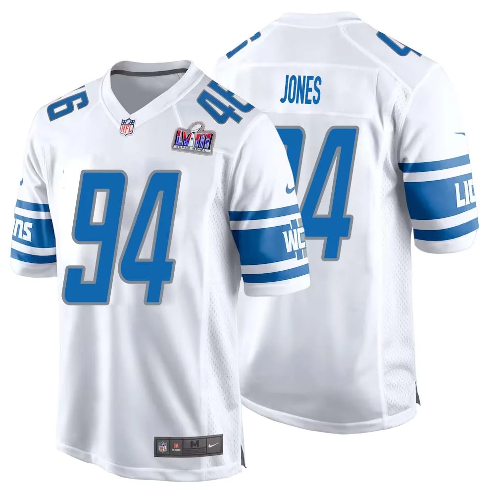Benito Jones No 94 Mens Custom White Detroit Lions Super Bowl LVIII Away Game Jersey