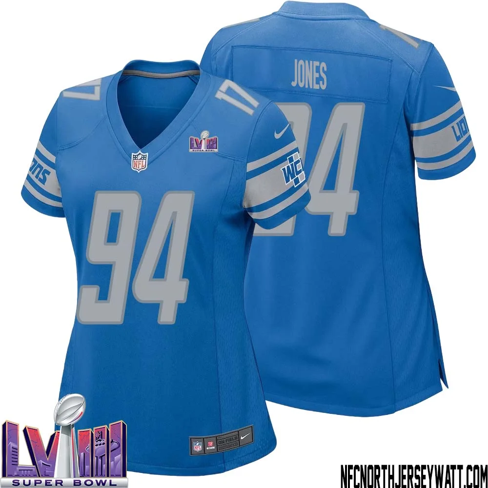 Benito Jones No 94 Women Blue Detroit Lions Player Super Bowl LVIII Home Game Jersey 1