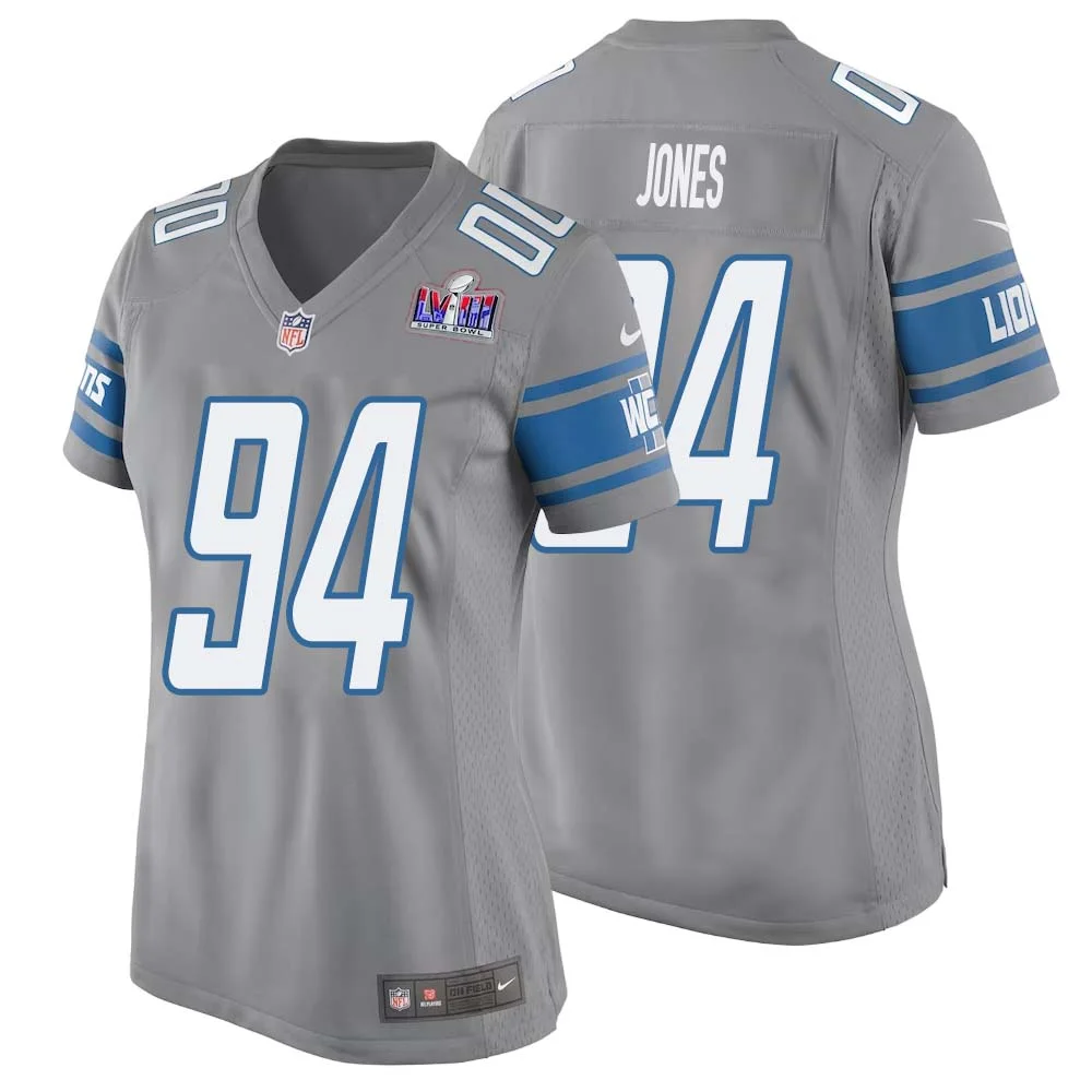 Benito Jones No 94 Womens Custom Gray Detroit Lions Alternate Super Bowl LVIII Game Jersey