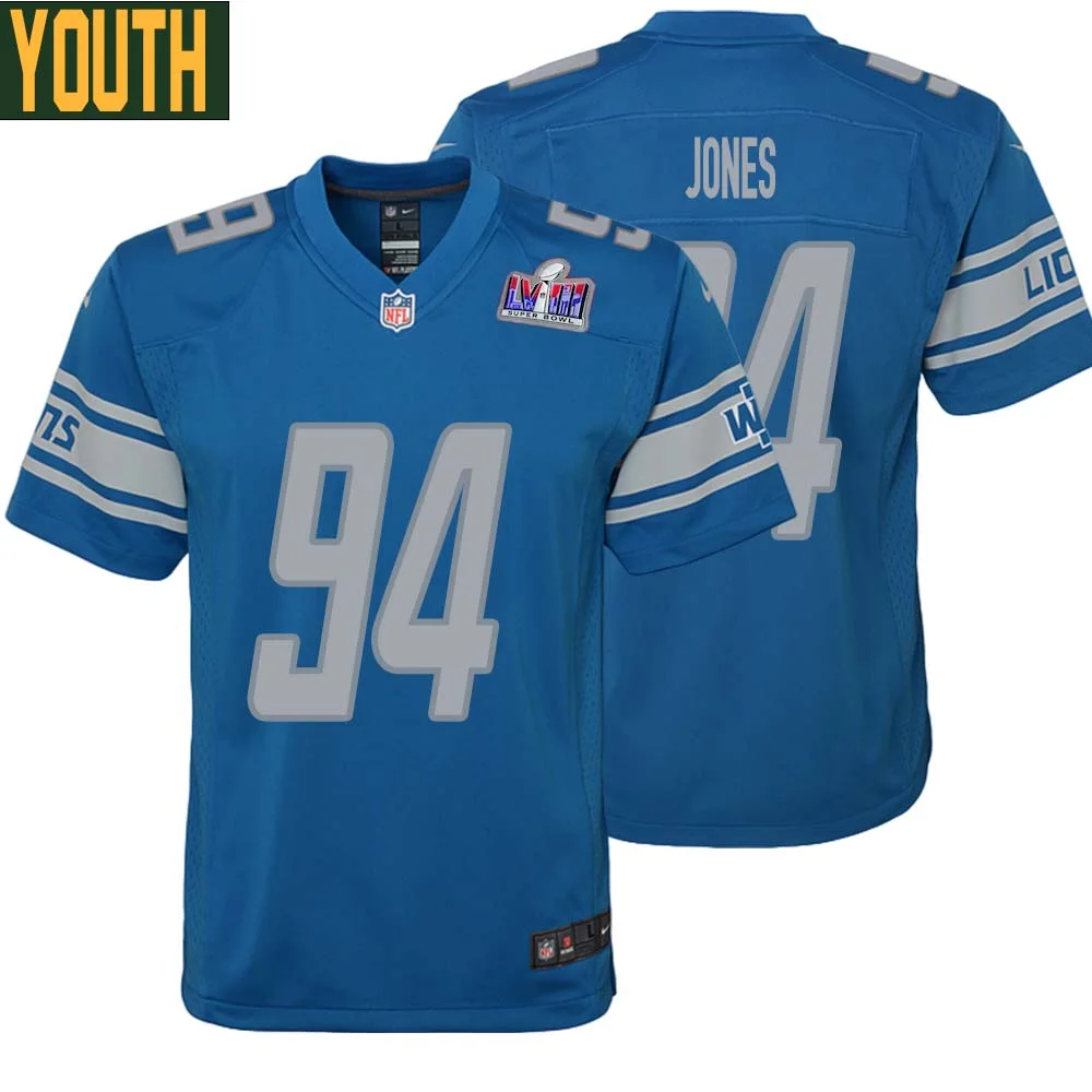 Benito Jones No 94 Youths Custom Blue Detroit Lions Super Bowl LVIII Player Home Game Jersey