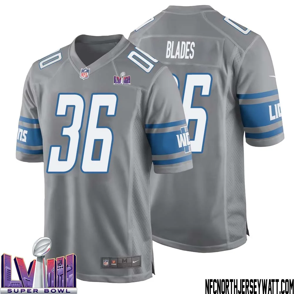 Bennie Blades No 36 Men Grey Detroit Lions Player Super Bowl LVIII Alternate Game Jersey