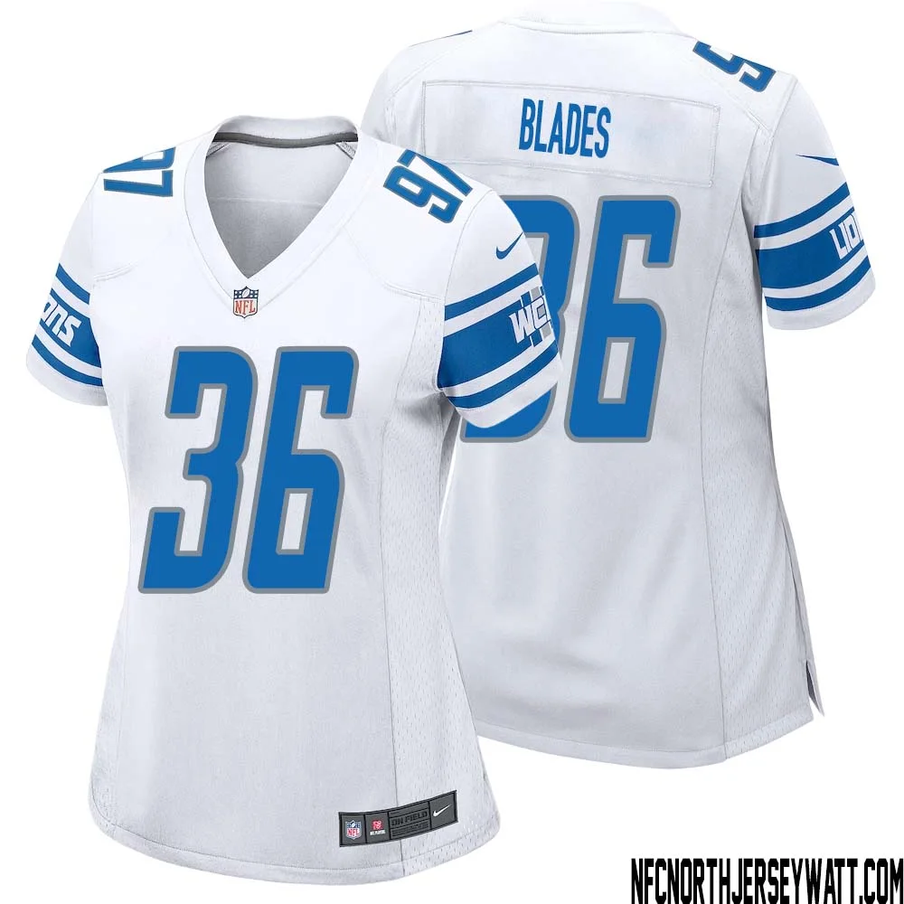 Bennie Blades No 36 Women White Detroit Lions Player Away Game Jersey