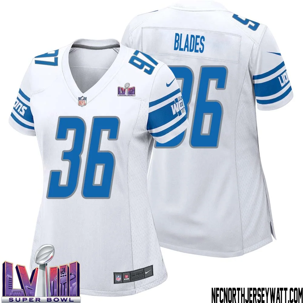 Bennie Blades No 36 Women White Detroit Lions Player Super Bowl LVIII Away Game Jersey 1
