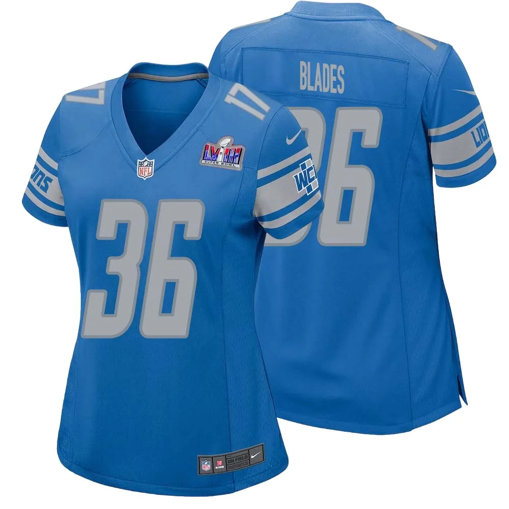 Bennie Blades No 36 Womens Custom Blue Detroit Lions Super Bowl LVIII Player Home Game Jersey
