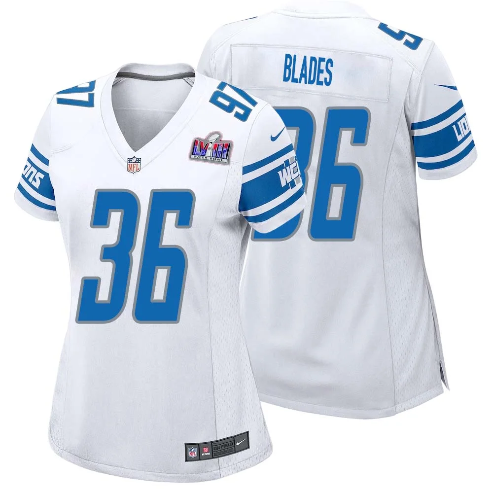 Bennie Blades No 36 Womens Custom White Detroit Lions Super Bowl LVIII Away Game Jersey