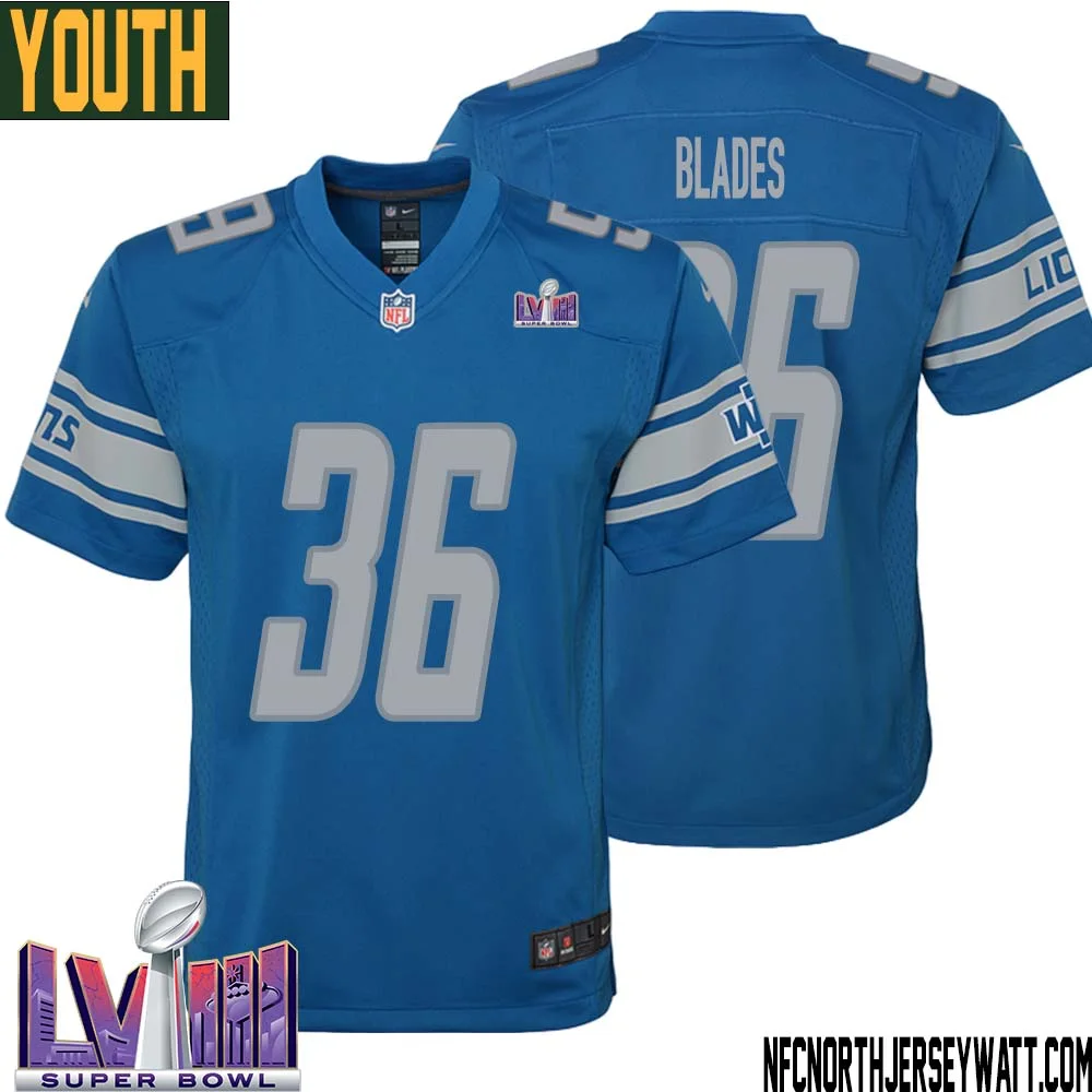 Bennie Blades No 36 Youth Blue Detroit Lions Player Super Bowl LVIII Home Game Jersey