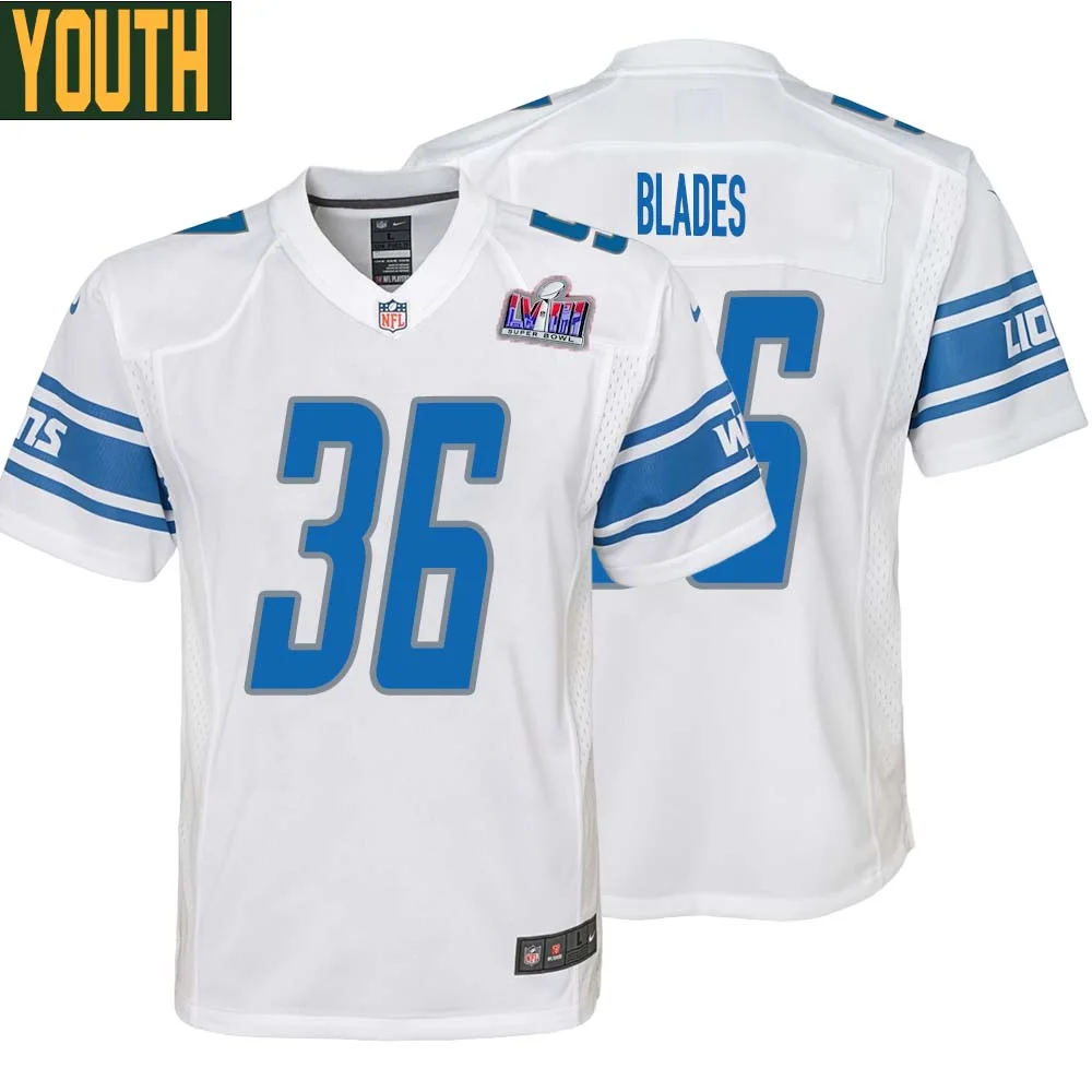 Bennie Blades No 36 Youths Custom White Detroit Lions Super Bowl LVIII Away Game Jersey