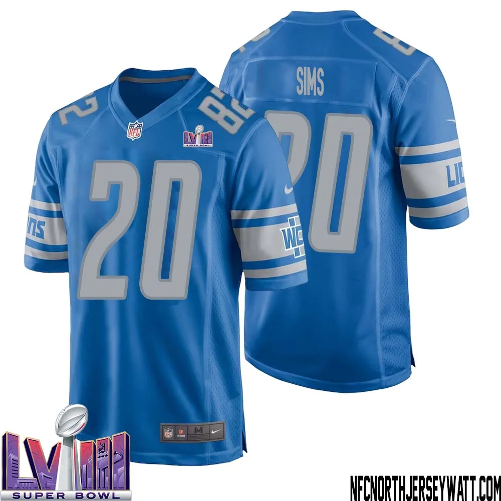 Billy Sims No 20 Men Blue Detroit Lions Player Super Bowl LVIII Home Game Jersey