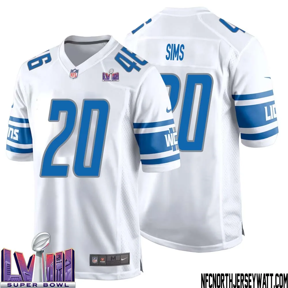 Billy Sims No 20 Men White Detroit Lions Player Super Bowl LVIII Away Game Jersey 1