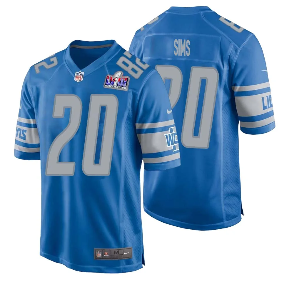 Billy Sims No 20 Mens Custom Blue Detroit Lions Super Bowl LVIII Player Home Game Jersey