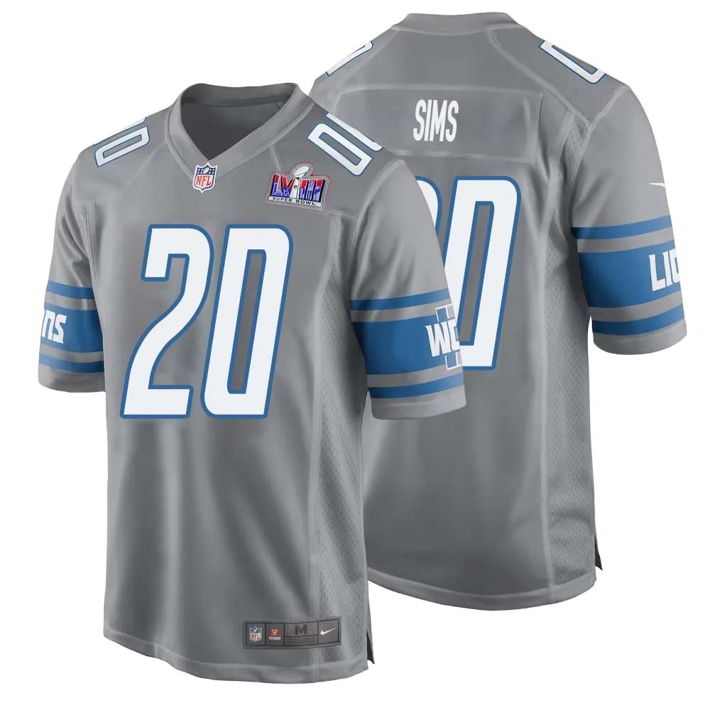 Billy Sims No 20 Mens Custom Gray Detroit Lions Alternate Super Bowl LVIII Game Jersey