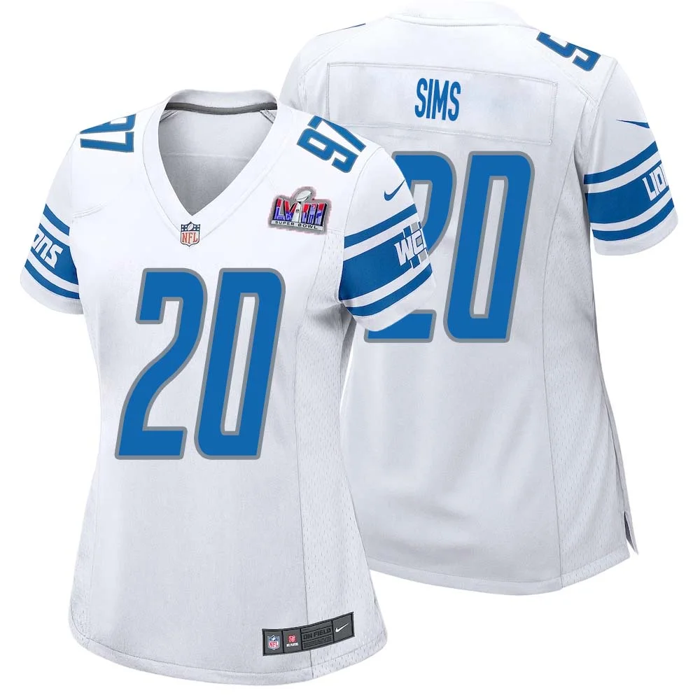 Billy Sims No 20 Womens Custom White Detroit Lions Super Bowl LVIII Away Game Jersey