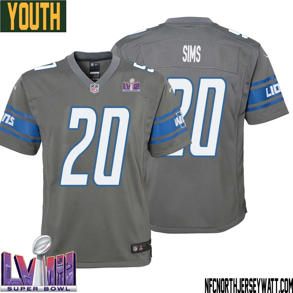 Billy Sims No 20 Youth Grey Detroit Lions Player Super Bowl LVIII Alternate Game Jersey