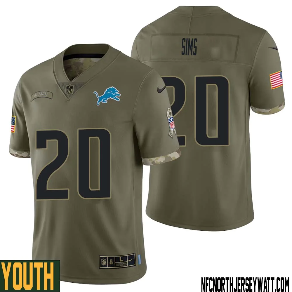 Billy Sims No 20 Youth Olive Detroit Lions 2022 Salute To Service Retired Player Limited Jersey 1