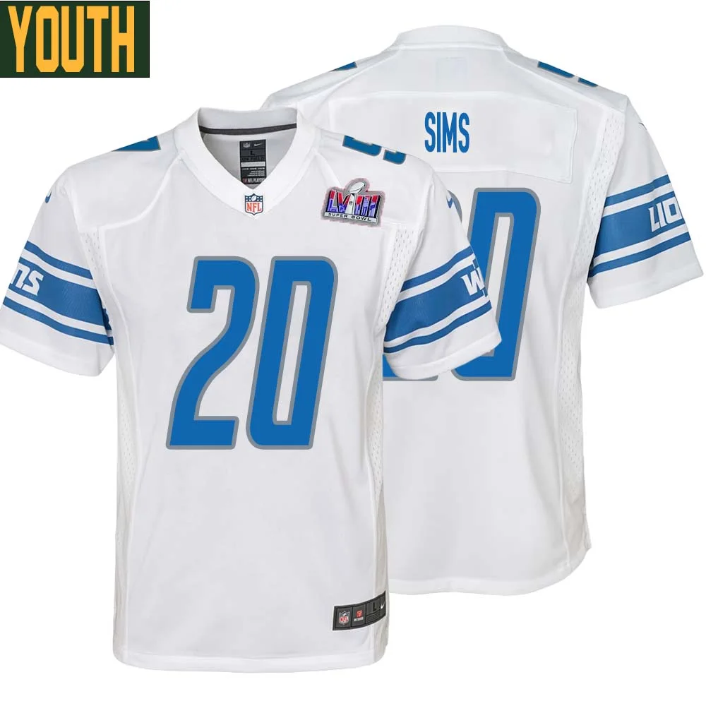 Billy Sims No 20 Youths Custom White Detroit Lions Super Bowl LVIII Away Game Jersey