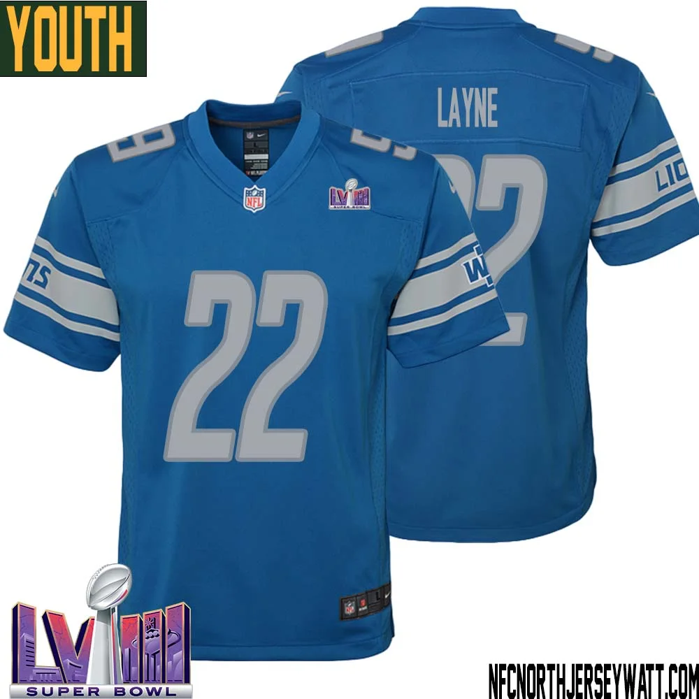 Bobby Layne No 22 Youth Blue Detroit Lions Player Super Bowl LVIII Home Game Jersey