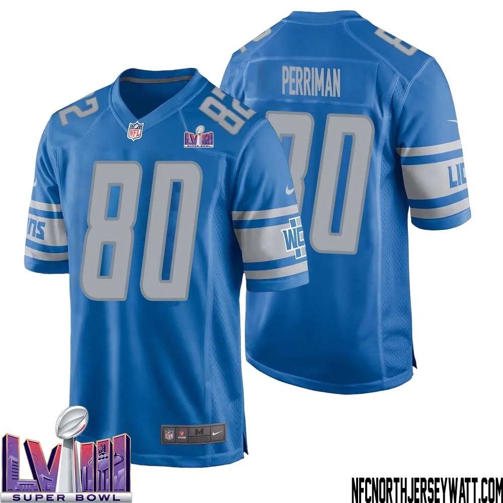 Brett Perriman No 80 Men Blue Detroit Lions Player Super Bowl LVIII Home Game Jersey 1