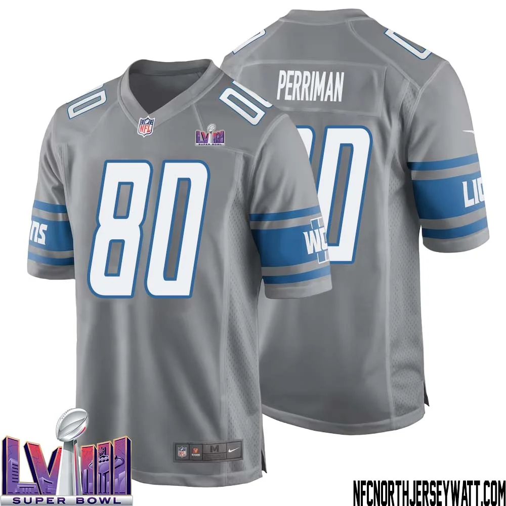 Brett Perriman No 80 Men Grey Detroit Lions Player Super Bowl LVIII Alternate Game Jersey 1
