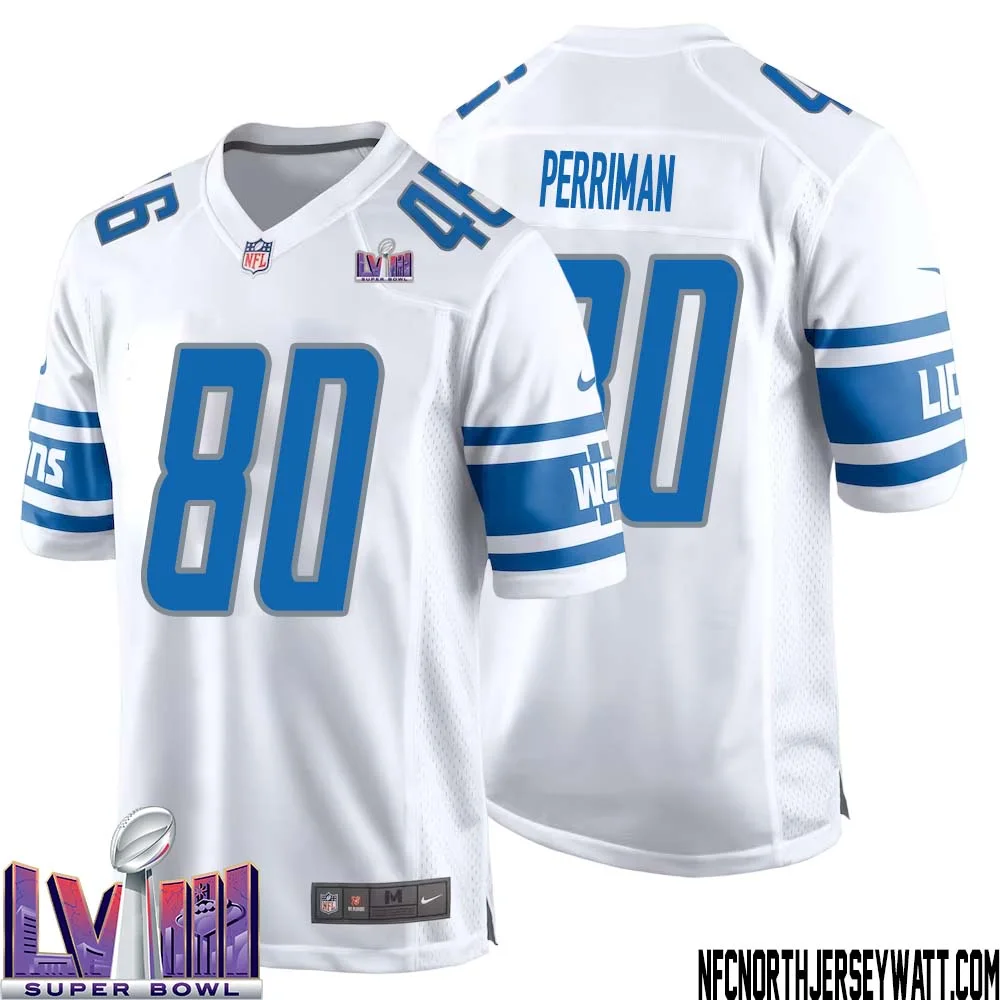 Brett Perriman No 80 Men White Detroit Lions Player Super Bowl LVIII Away Game Jersey