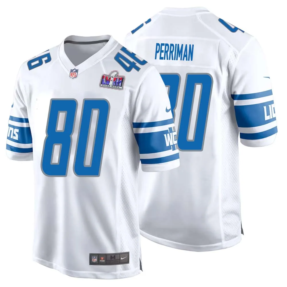 Brett Perriman No 80 Mens Custom White Detroit Lions Super Bowl LVIII Away Game Jersey