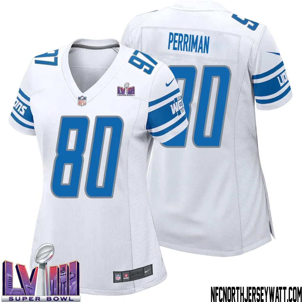 Brett Perriman No 80 Women White Detroit Lions Player Super Bowl LVIII Away Game Jersey