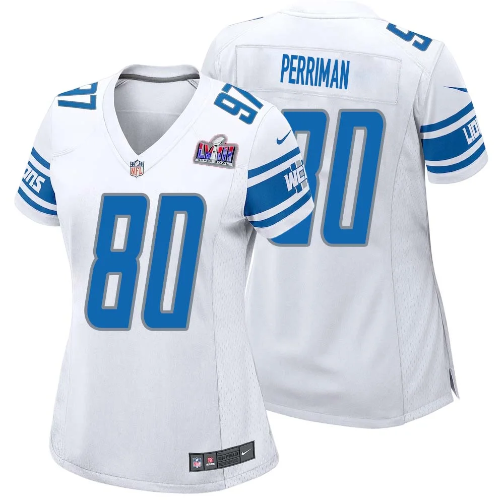 Brett Perriman No 80 Womens Custom White Detroit Lions Super Bowl LVIII Away Game Jersey