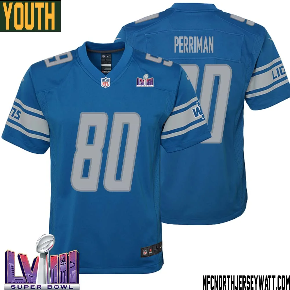 Brett Perriman No 80 Youth Blue Detroit Lions Player Super Bowl LVIII Home Game Jersey 1